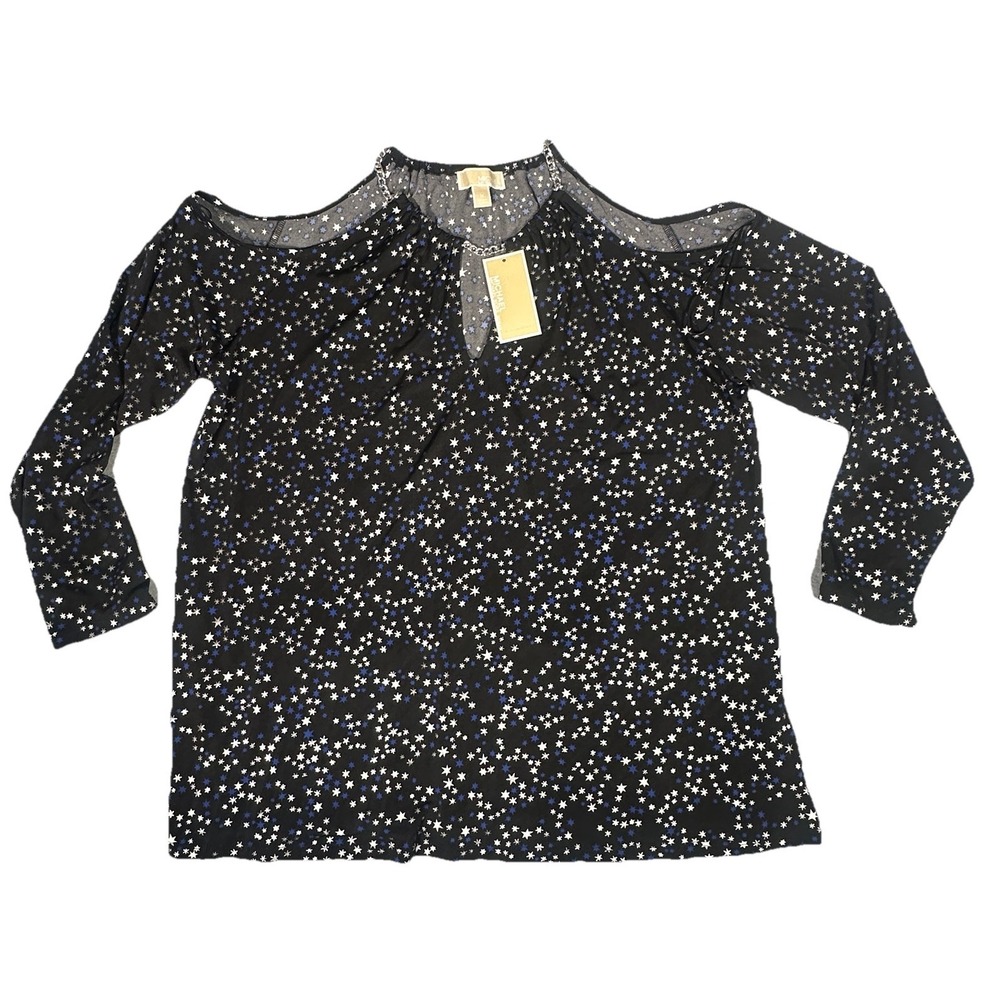 Michael Kors Women's Blouse Size 1X Silver Chain Collar Wrap Black Stars Top NWT